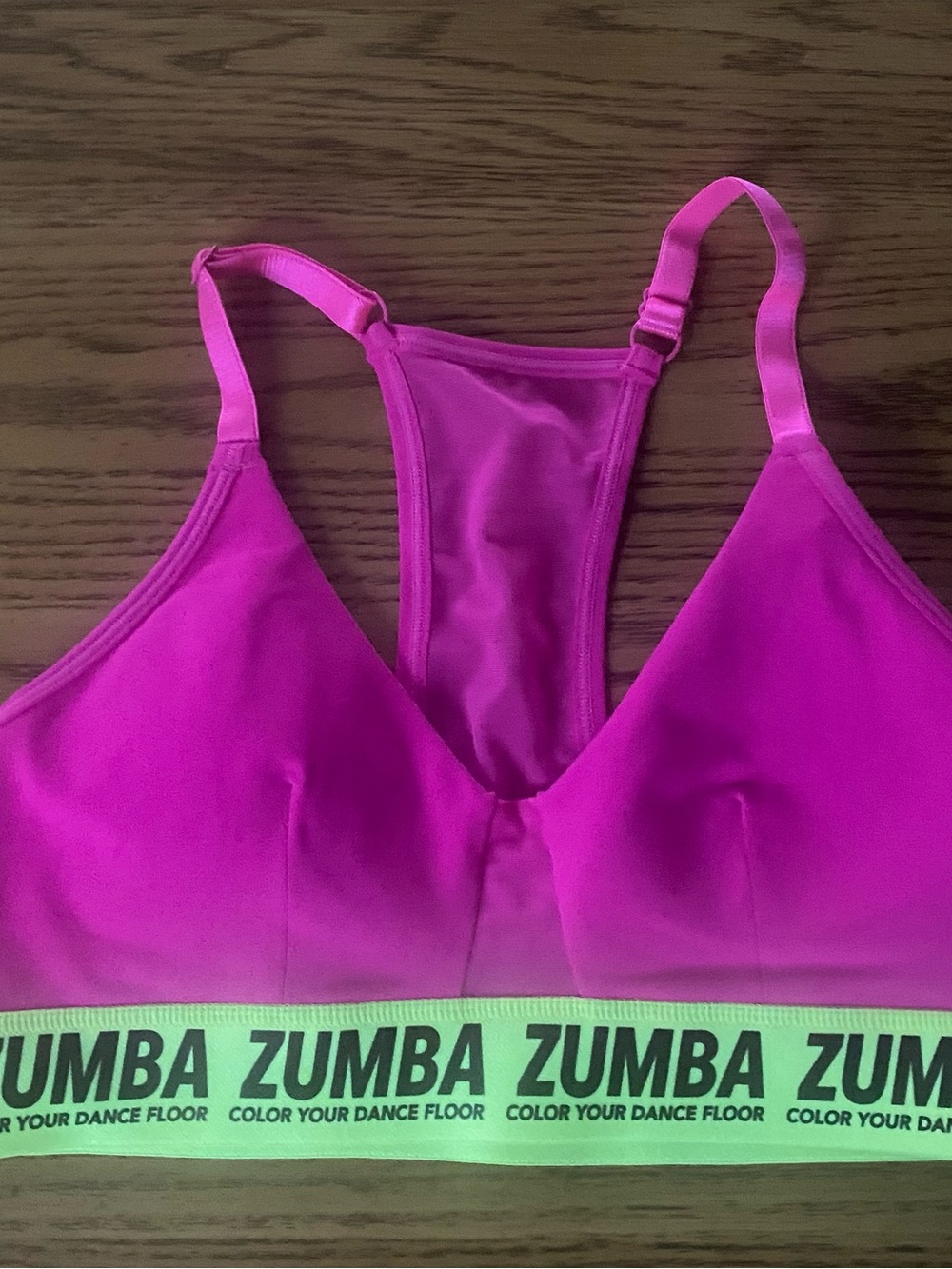 Zumba Fitness Bright Pink Racerback Sports Bra with Neon Green Branded Band